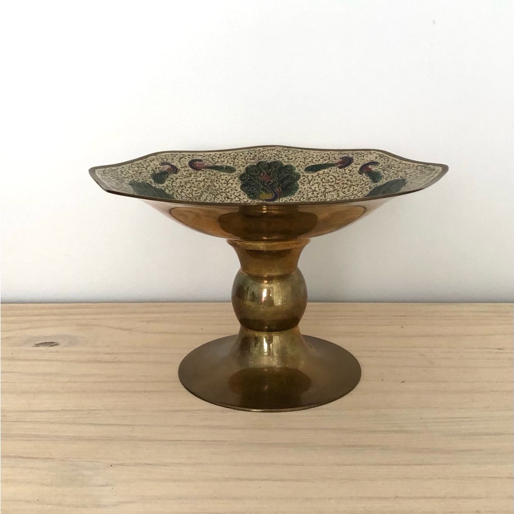Vintage Brass Pedestal Bowl with Painted Peacock Design